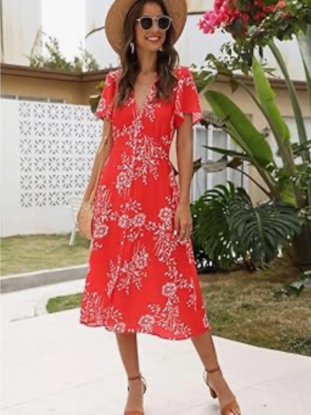 Red Floral Wrap Midi Dress - Women